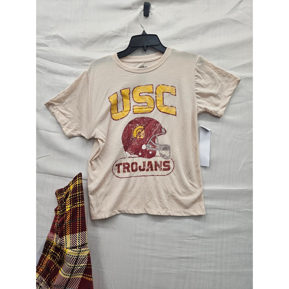 USC Trojans Boys Pajama Set Size L 10/12 NCAA Sleepwear Plaid Pants T-Shirt NEW